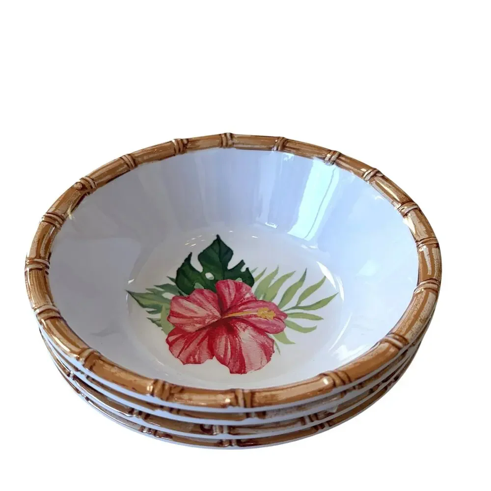 4pc Tropical Hibiscus Melamine Salad Bowls 7.5in Bamboo Rim Indoor Outdoor NEW